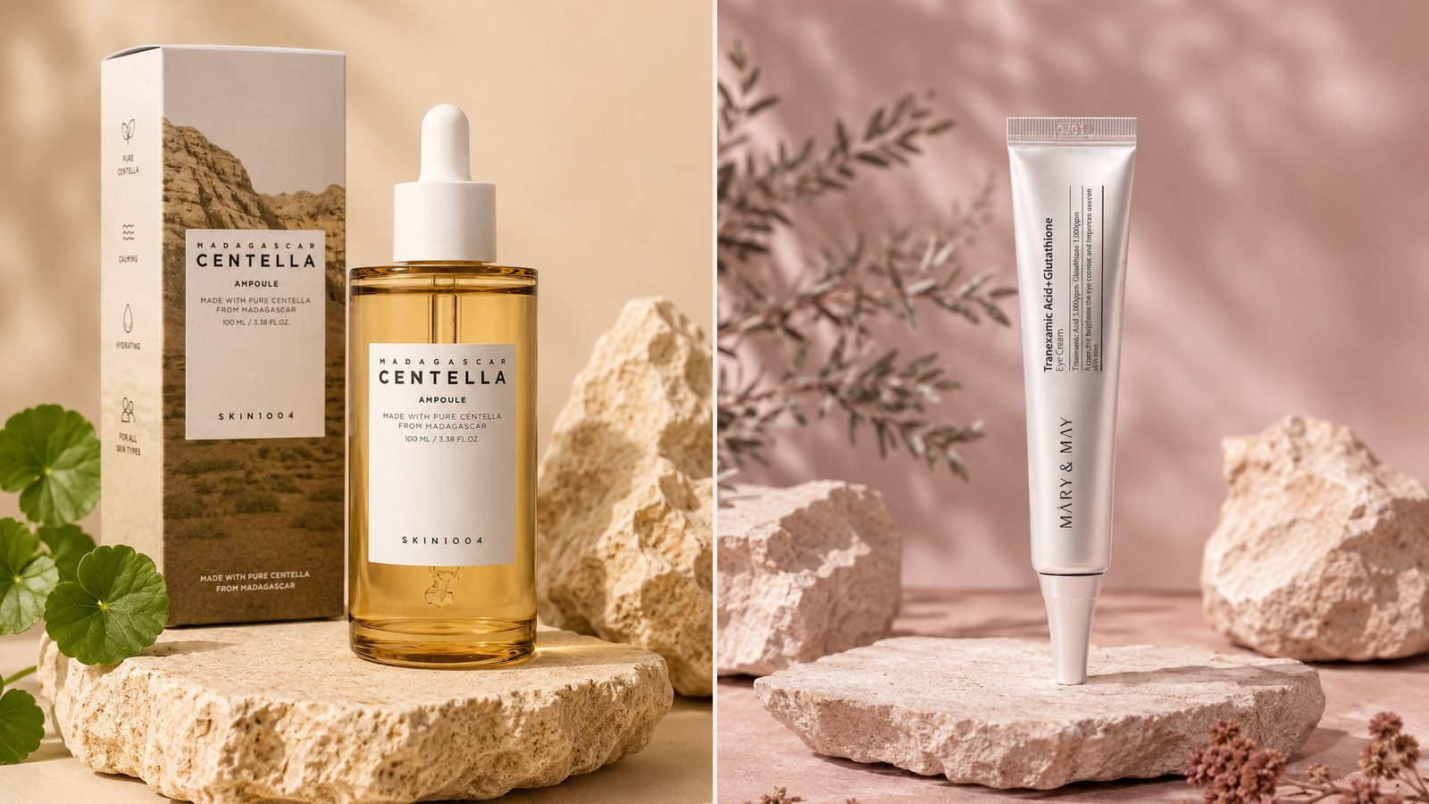 Split comparison image: a morning ampoule on one side, an evening eye cream on the other