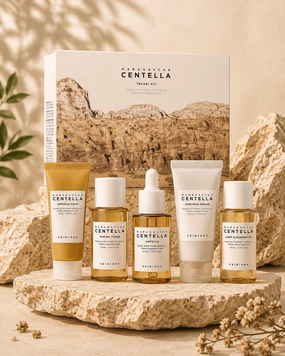 Madagascar Centella travel kit with five products staged together for layering