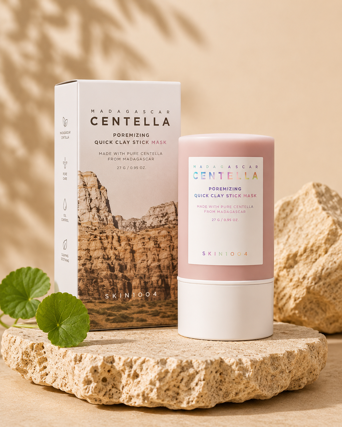 Skincare product packaging with ingredient and benefit callouts listed on the box