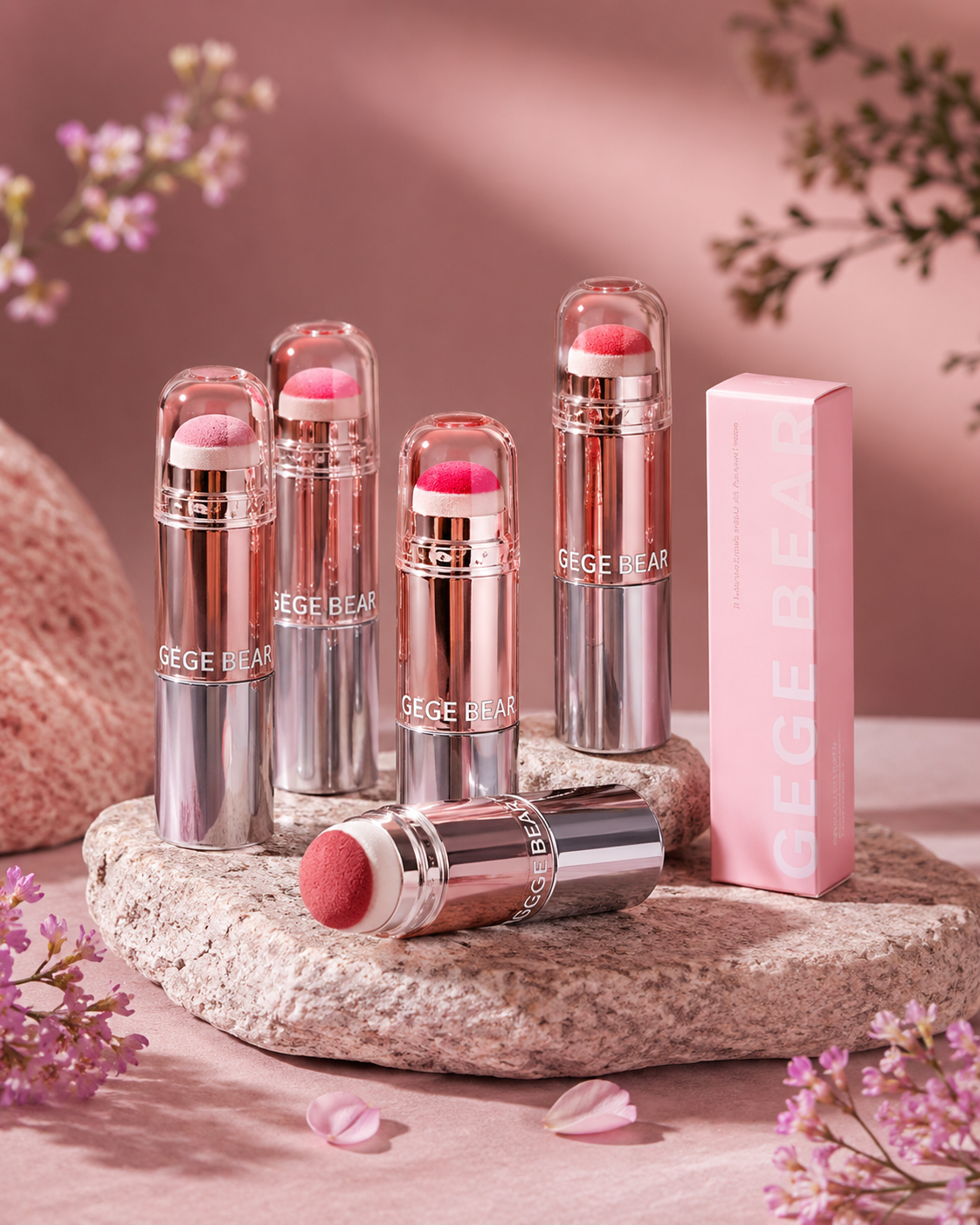 Five cream stick tubes beside their pink box, on a pink backdrop