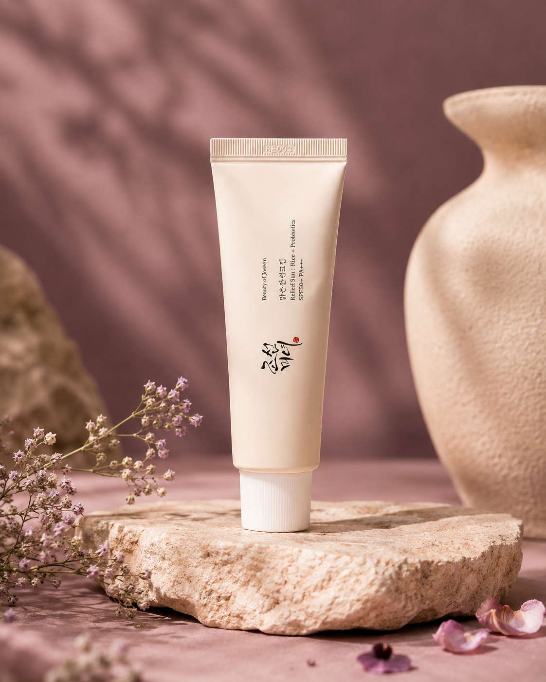 Sun cream tube beside a ceramic vase on a stone pedestal
