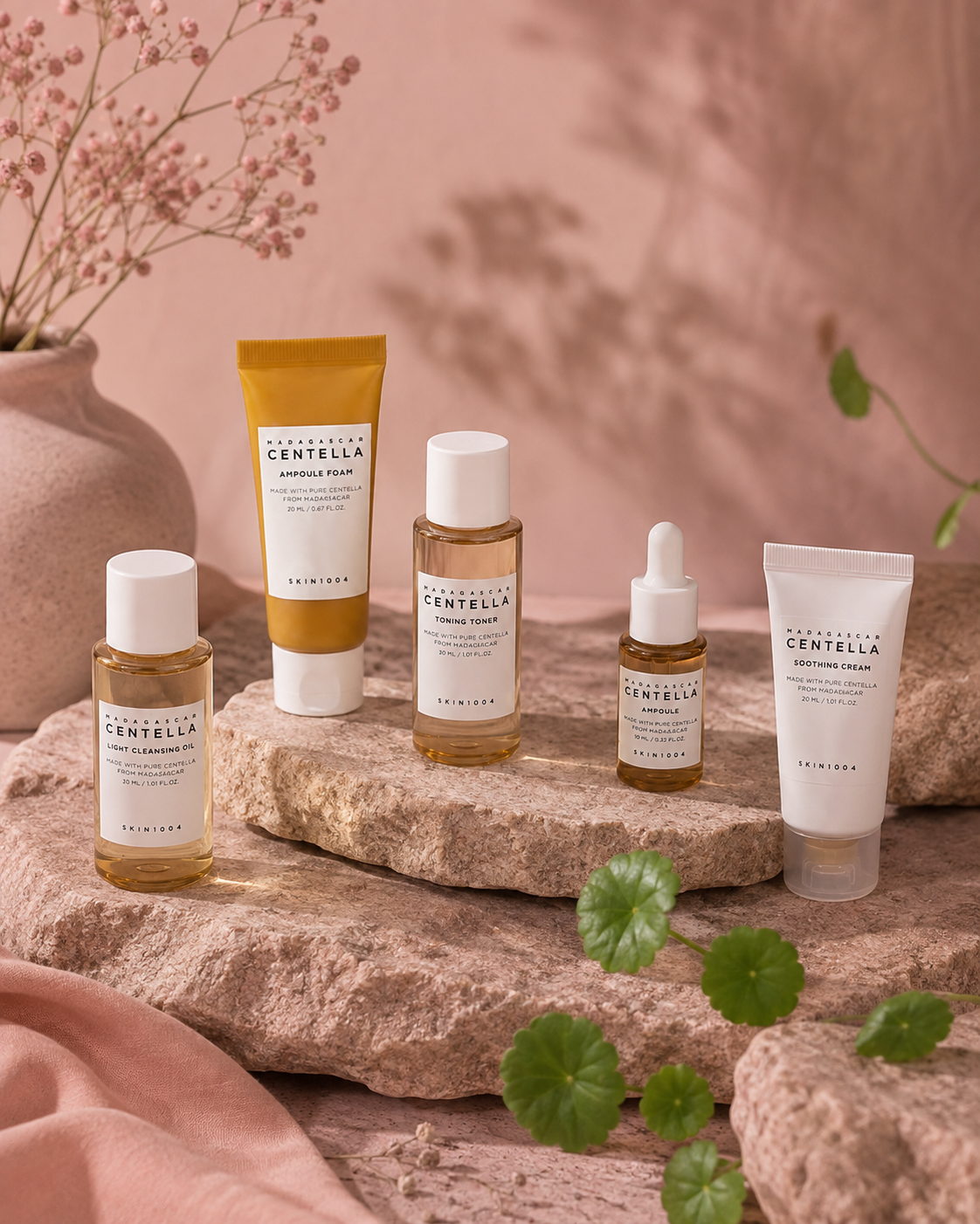 Four travel-size skincare bottles and tubes beside a ceramic vase