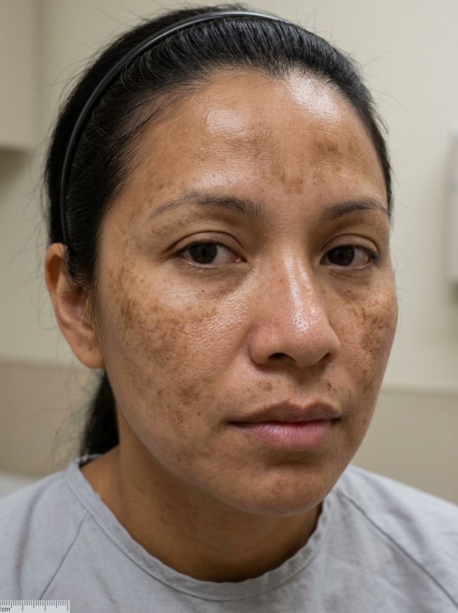 Before treatment: localized hyperpigmentation and dull surface tone