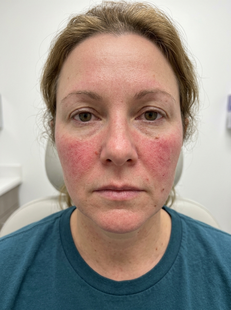 Before treatment: visible cheek redness, capillary flushing, and barrier irritation